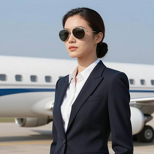 Confident woman with aviator sunglasses by airplane