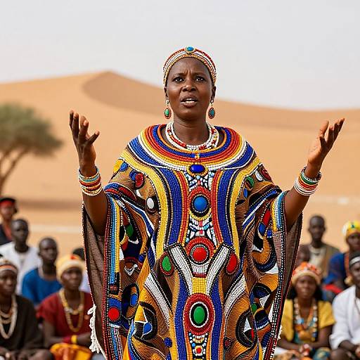 Photograph of a Black African woman in vibrant, colorful traditional dress with beaded patterns, raised hands, adorned with jewelry, against a desert background and