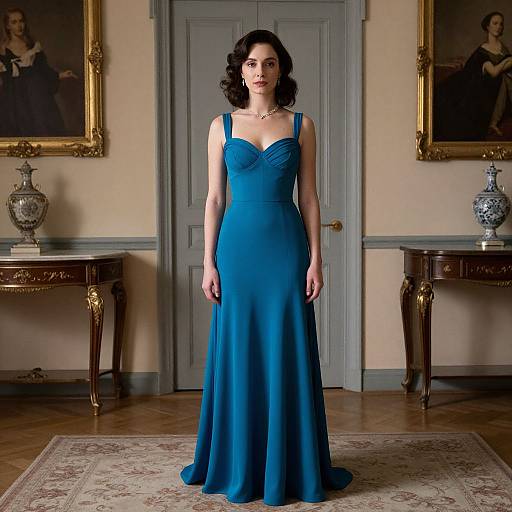 Photograph of a curly-haired woman in a blue, floor-length gown standing in an elegant room with ornate wooden tables and framed portraits.