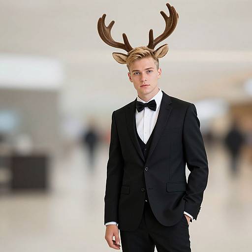 Photograph of a young, blonde, white man with antlers, wearing a black tuxedo, bow tie, and white shirt, standing in
