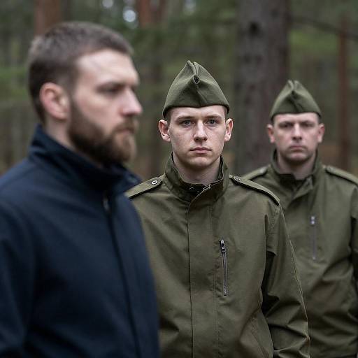 Three Men in a Serene Forest Setting