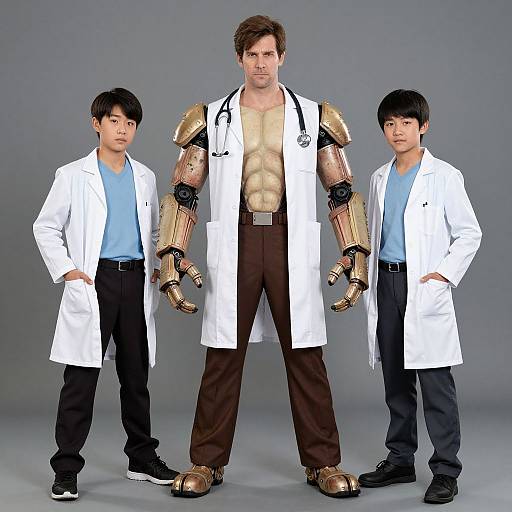 Photograph of three men: two Asian doctors in white lab coats, light blue shirts, black pants; one with robotic gold arms. Central man,
