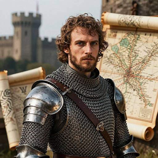 Photograph of a curly-haired, bearded medieval knight in silver chainmail armor, with rolled maps and a castle in the background.
