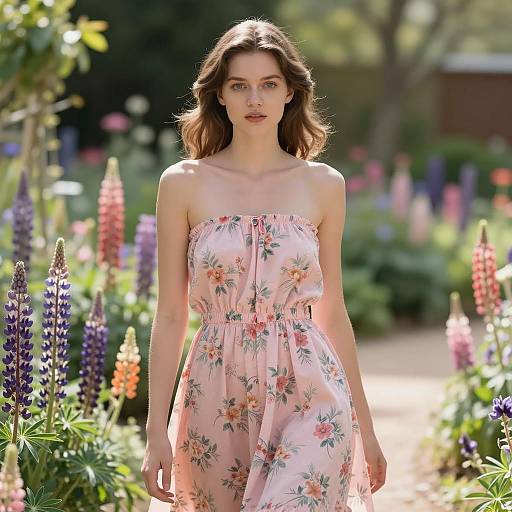 Young Woman in Floral Summer Dress in Garden