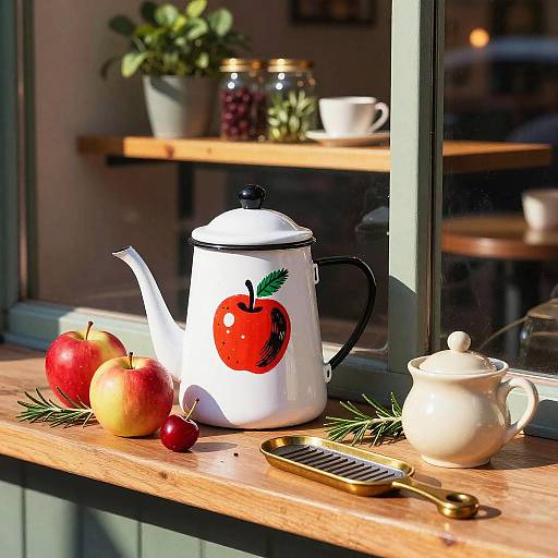 Cozy Café Still Life with Enamel Coffee Pot and Fresh Fruit