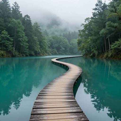 Misty Forest Lake with Floating Path