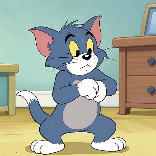 Cartoon image of blue and white anthropomorphic cat with yellow eyes, standing in a brightly lit room, hands clasped, near a wooden dresser.