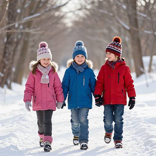 Photograph of three smiling children in winter clothes—pink, blue, and red jackets—walking hand-in-hand through a snow-covered forest path. Sun
