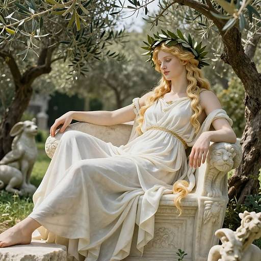 Photorealistic digital painting of a serene, blonde, classical goddess with a laurel wreath, wearing a white gown, sitting on an ornate