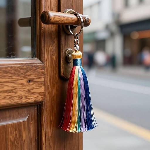 Colorful Tassel Keychain on Rustic Door