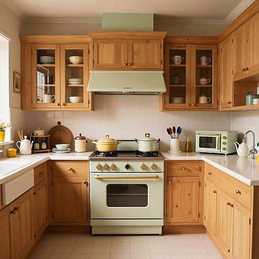 Photograph of a cozy kitchen with light wood cabinets, white tile backsplash, white stove, yellow pot, microwave, utensils, and glassware