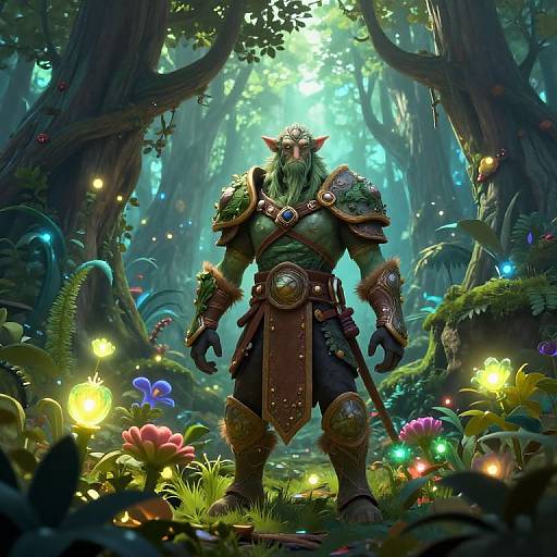 Digital fantasy artwork of a muscular, horned, bearded warrior in ornate armor standing in a glowing, enchanted forest filled with colorful, magical flowers