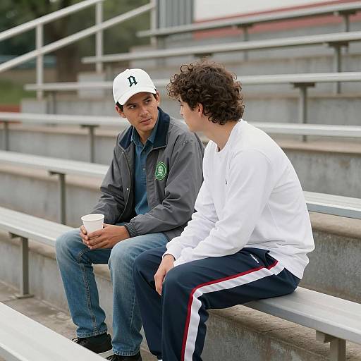 Two men sitting on outdoor bleachers