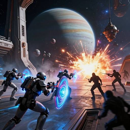 Sci-fi space battle: six armored soldiers in glowing blue wheelguns firing at a planet in the background, with bright explosions and futuristic buildings. Digital art