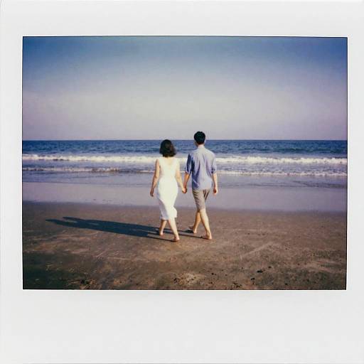 Photograph of a couple walking hand-in-hand on a sandy beach, facing the ocean under a clear blue sky. The woman wears a white dress,