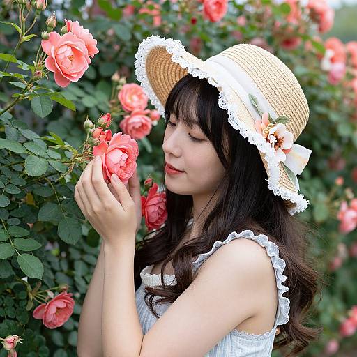 Photograph of an Asian woman with long dark hair, wearing a white lace-trimmed dress and straw hat, gently smelling pink roses in a lush