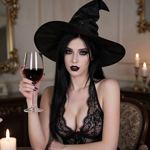 Photograph of a pale-skinned, black-haired woman in a black lace dress and witch hat, holding a glass of red wine, with candles and
