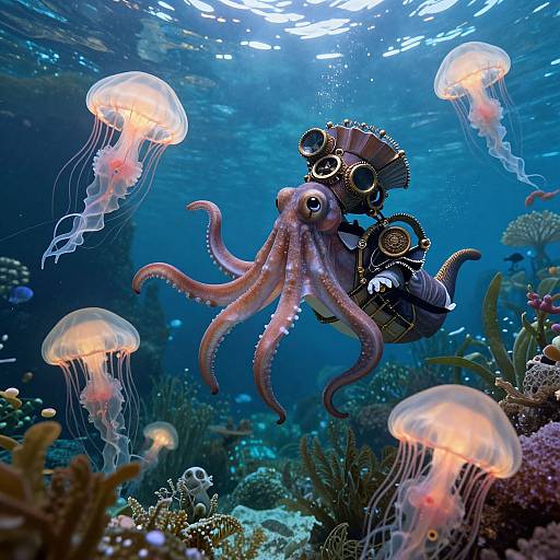 Photograph of a steampunk octopus diver with goggles and gears, surrounded by glowing jellyfish in a vibrant, underwater coral reef.