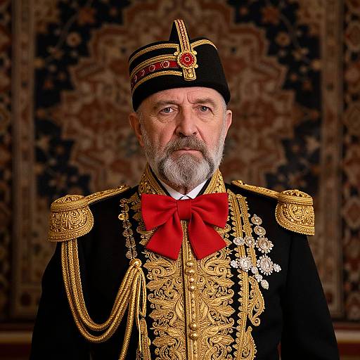 Photograph of an elderly, bearded man in ornate black military uniform with gold embroidery, red bow tie, and black fez, standing against