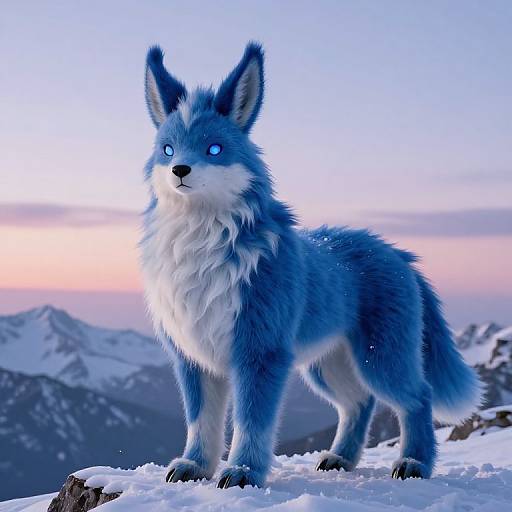 Digital artwork of a glowing blue, fluffy, mythical wolf with bright eyes standing on a snowy mountain peak at sunset.