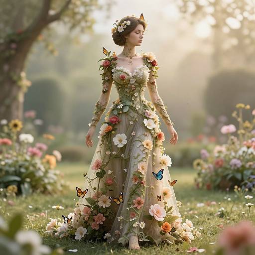 Digital art of a fairy-like woman in a floral gown adorned with butterflies, standing in a sunlit garden with blooming flowers.