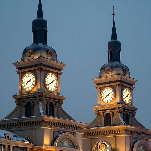 Twin Clock Towers with Ghostly Snowflakes