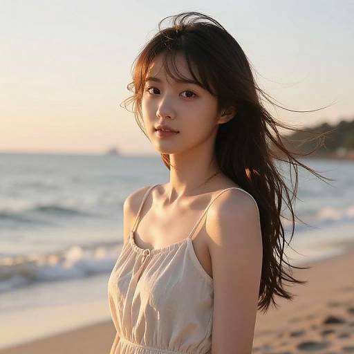 Realistic Anime Girl at Sunset Beach