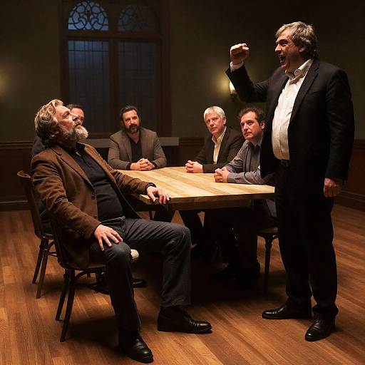 Dramatic Confrontation in Dimly Lit Room