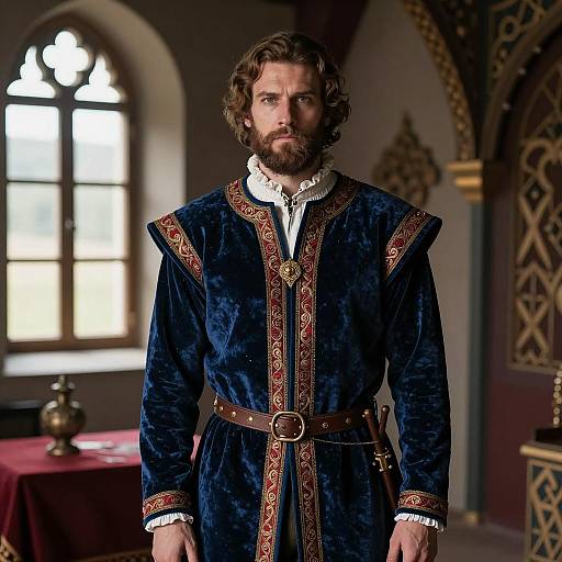 Man in Tudor Costume in Ornate Medieval Room