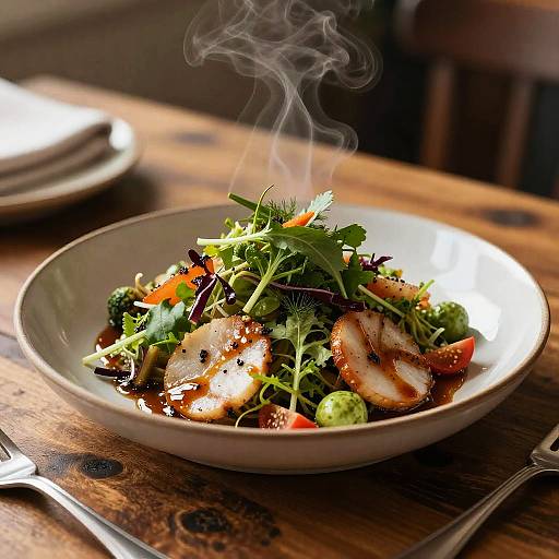 Photograph of a steaming salad with grilled chicken, avocado, cherry tomatoes, and greens on a wooden table, with a fork and plate in the