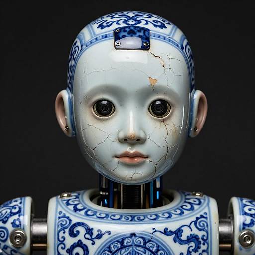 Photograph of a cracked, porcelain doll with blue floral patterns, metallic joints, and large, dark eyes, set against a black background.