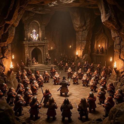 Photorealistic CGI of a medieval fantasy scene in a dimly lit cave, showing a central warrior facing a circle of armored, armed soldiers with torch