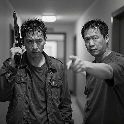 Black and White Dramatic Portrait of Two Men in Hallway