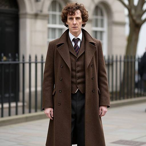 Photograph of a serious young man with curly brown hair, wearing a brown three-piece suit, dark tie, and long brown overcoat, standing on