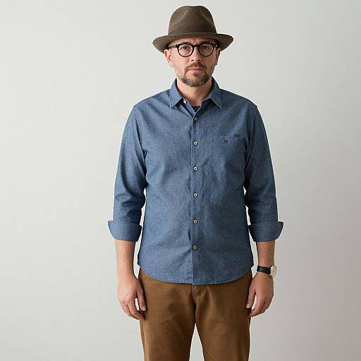 Man in Blue Shirt and Brown Hat