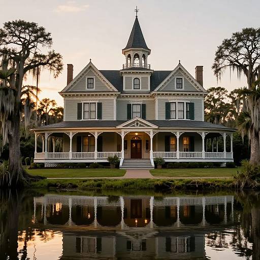 Photograph of a grand, Victorian-style house with a wrap-around porch, mirrored in a calm pond at sunset, surrounded by tall trees.