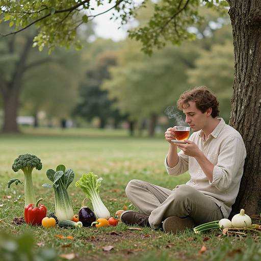 Photograph of a curly-haired man in a white shirt, sitting by a tree, sipping tea, surrounded by colorful vegetables in a park.