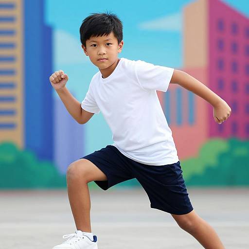 Photograph of a young Asian boy with short black hair, wearing a white t-shirt, black shorts, and white sneakers, running and punching in a