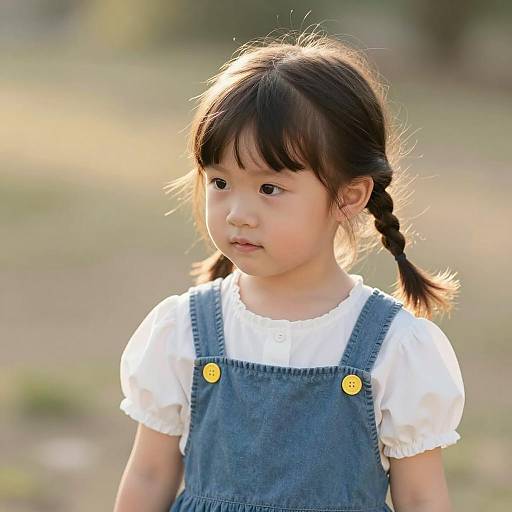 Asian Little Girl in Blue Pinafore Dress