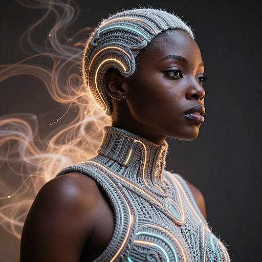 Photorealistic digital artwork of a dark-skinned woman with intricate silver headpiece and neckpiece, glowing with ethereal smoke in dark background.