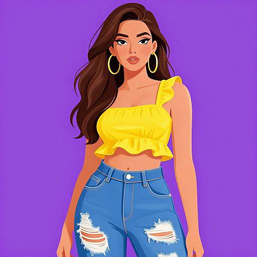 Digital illustration of a woman with long brown hair, yellow ruffled top, blue ripped jeans, and large gold hoop earrings, against a purple background.