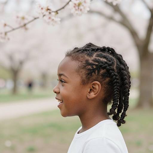 Photograph of a smiling young Black boy with braided hair, wearing a white shirt, standing in a park with blurred trees and grass in the background