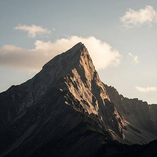 Photograph of a sunlit, rugged mountain peak with sharp, jagged edges, casting dramatic shadows, set against a clear blue sky with a few