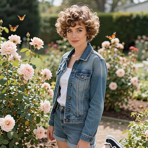 Photograph of a curly-haired woman with fair skin wearing a denim jacket and shorts, standing in a sunlit rose garden with butterflies.