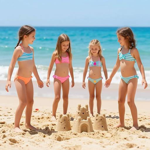 Photograph of four young girls in colorful bikinis building a sandcastle on a sunny beach with clear blue ocean in background.