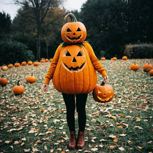 Woman in Pumpkin Costume Holding Jack-o'-Lantern Outdoors