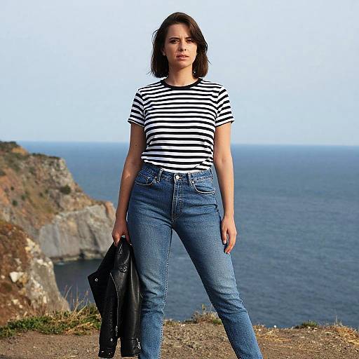 Photograph of a confident woman with shoulder-length brown hair, wearing a black-and-white striped shirt and blue jeans, holding a black jacket, standing on