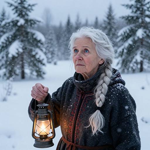 Photograph of elderly white woman with long white braid, wearing dark wool cloak, holding lantern, in snowy forest, snow falling.