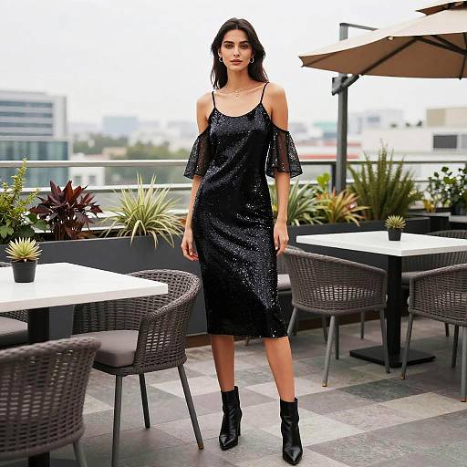 Elegant Woman in Black Sequined Dress