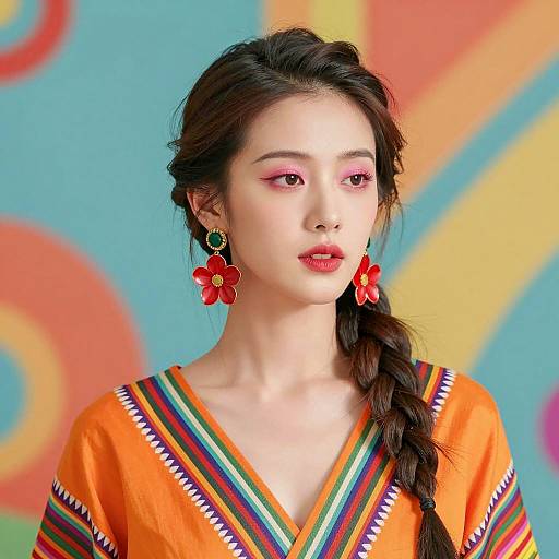 Asian Woman in Traditional Orange Dress with Braided Hair